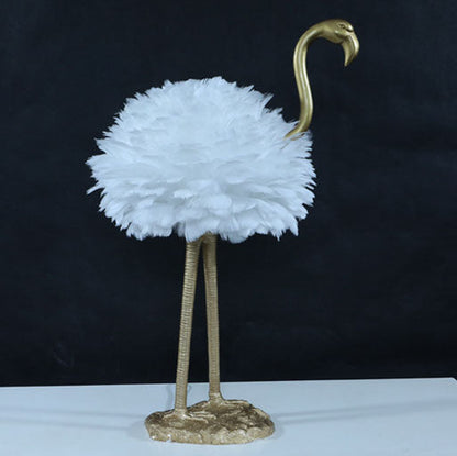 LED Table Lamp with Goose Feather Shade and Metal Flamingo Base for Bedside Lighting in Contemporary Nordic Style