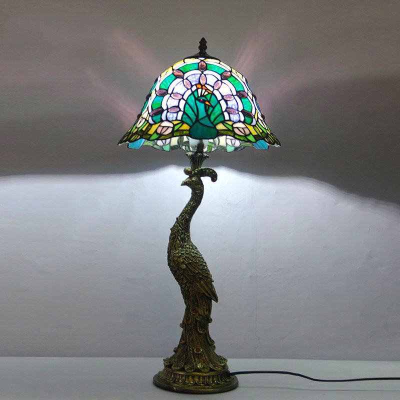 Tiffany Style Peacock Dome Glass Table Lamp with Resin Base – 1-Light Fixture for Living Room & Bedroom Decor