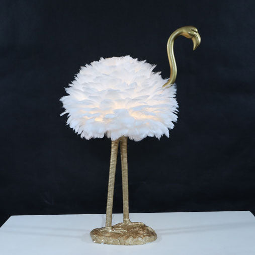 LED Table Lamp with Goose Feather Shade and Metal Flamingo Base for Bedside Lighting in Contemporary Nordic Style