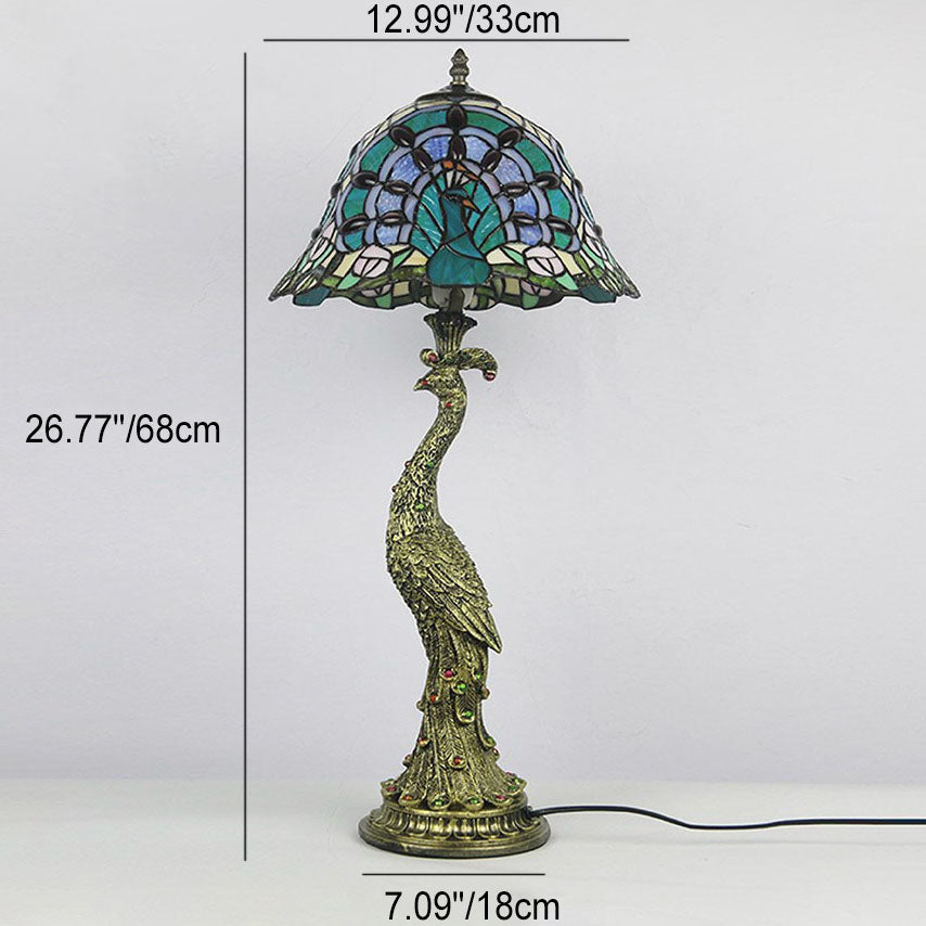 Tiffany Style Peacock Dome Glass Table Lamp with Resin Base – 1-Light Fixture for Living Room & Bedroom Decor