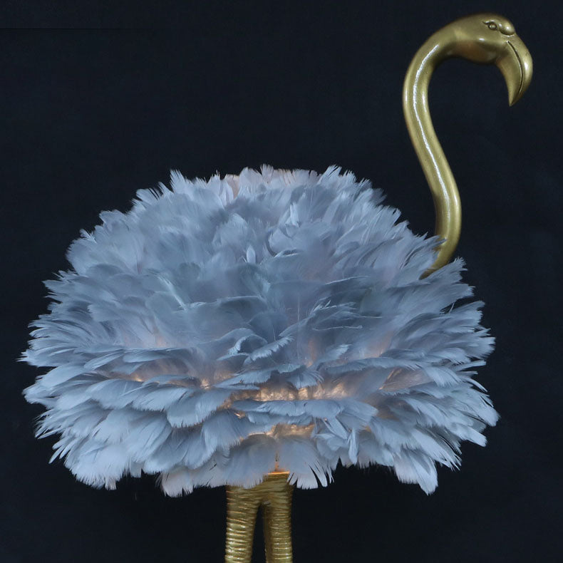 LED Table Lamp with Goose Feather Shade and Metal Flamingo Base for Bedside Lighting in Contemporary Nordic Style