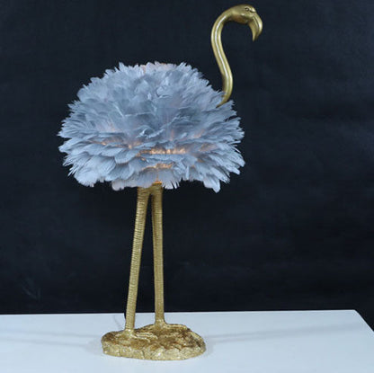 LED Table Lamp with Goose Feather Shade and Metal Flamingo Base for Bedside Lighting in Contemporary Nordic Style