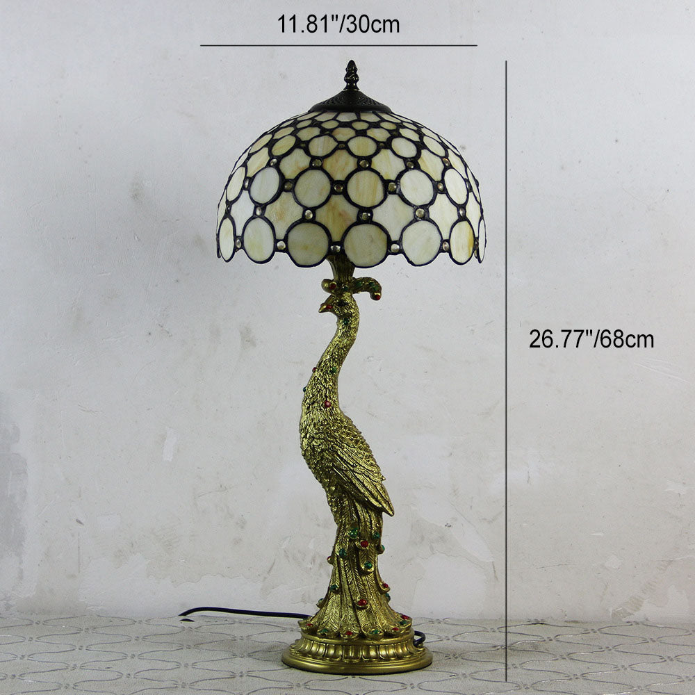 Tiffany Style Peacock Dome Glass Table Lamp with Resin Base – 1-Light Fixture for Living Room & Bedroom Decor