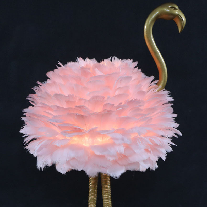 LED Table Lamp with Goose Feather Shade and Metal Flamingo Base for Bedside Lighting in Contemporary Nordic Style