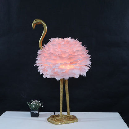 LED Table Lamp with Goose Feather Shade and Metal Flamingo Base for Bedside Lighting in Contemporary Nordic Style