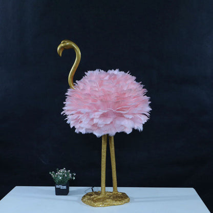 LED Table Lamp with Goose Feather Shade and Metal Flamingo Base for Bedside Lighting in Contemporary Nordic Style