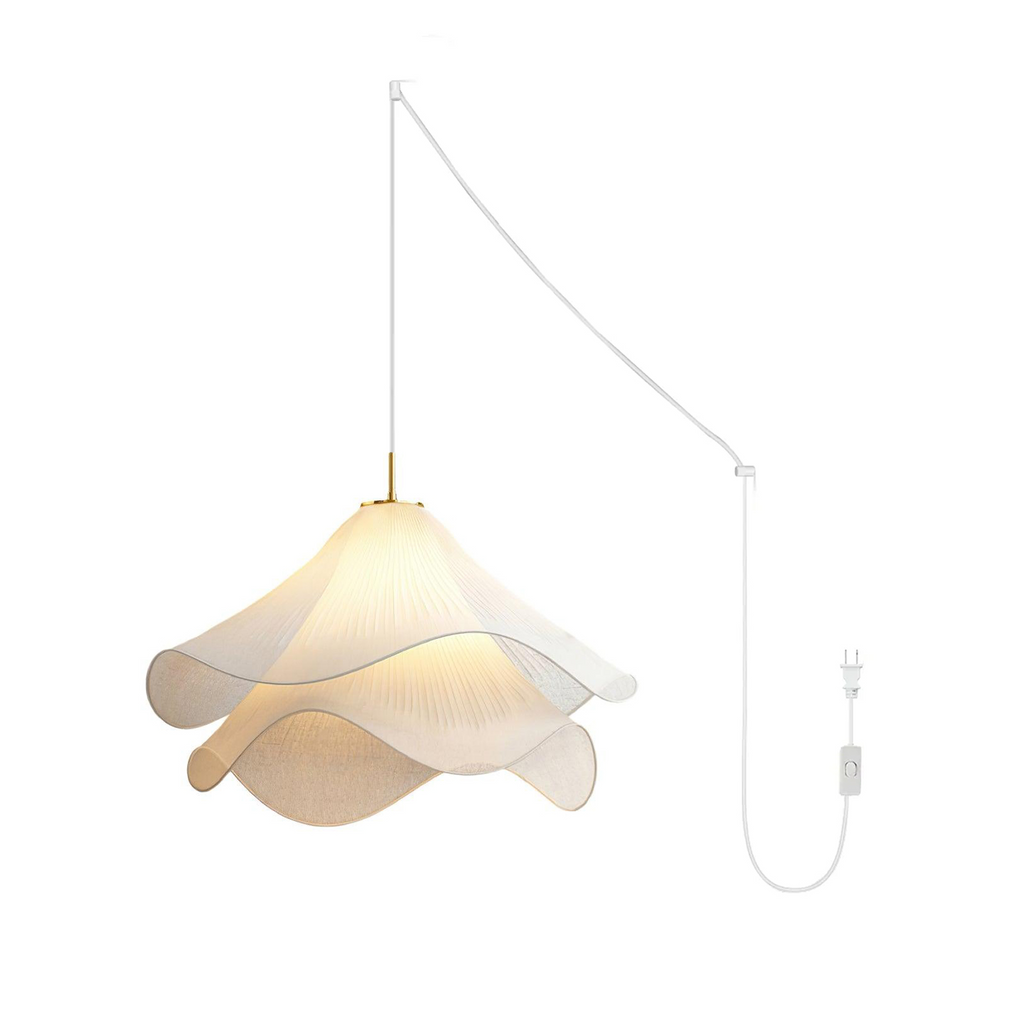Ethereal Bloom Plug-in Pendant Light | White Fabric Shade, Gold Hardware & Ideal for Dining Rooms and Living Spaces