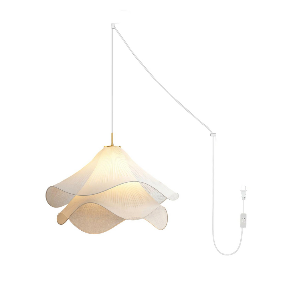 Ethereal Bloom Plug-in Pendant Light | White Fabric Shade, Gold Hardware & Ideal for Dining Rooms and Living Spaces