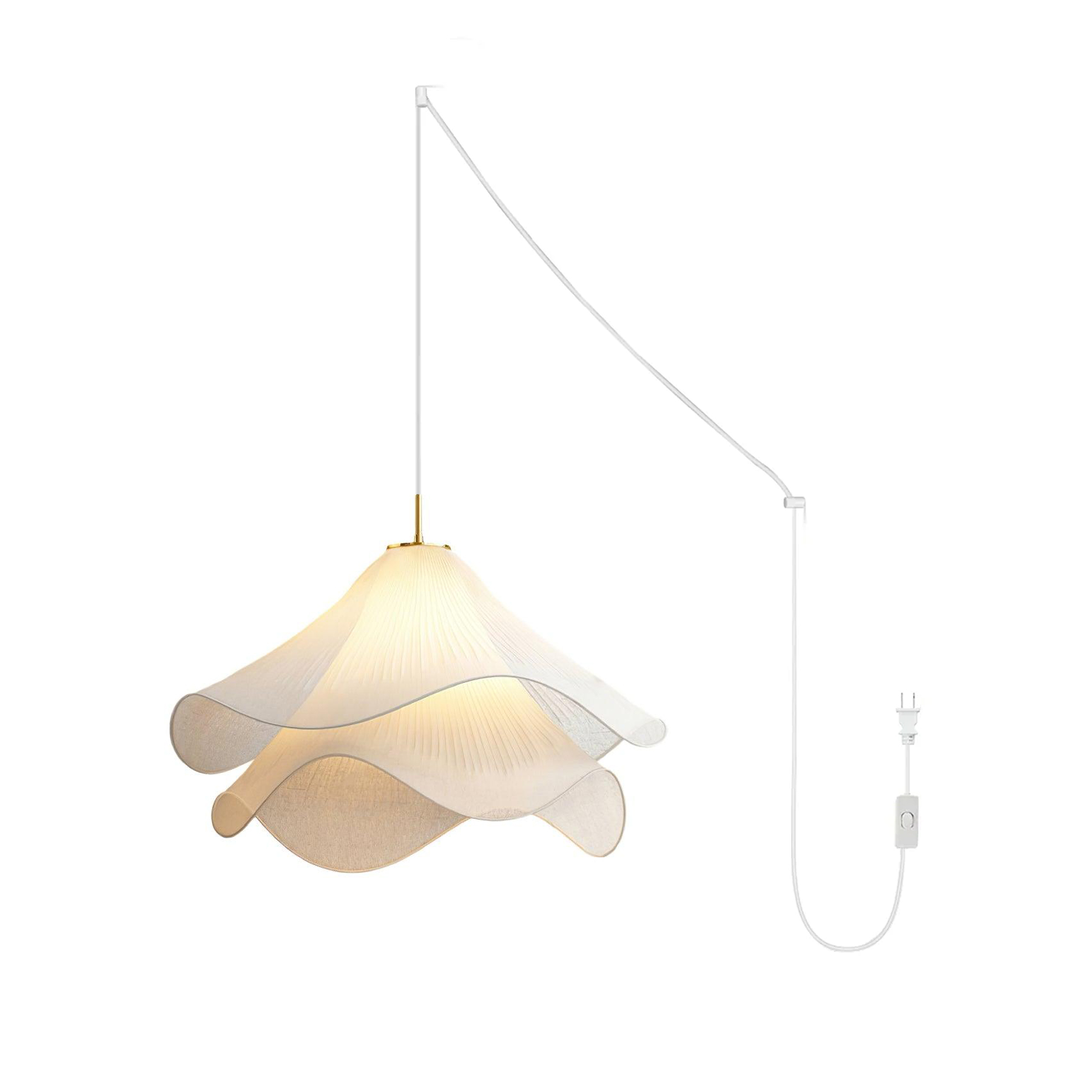 Ethereal Bloom Plug-in Pendant Light | White Fabric Shade, Gold Hardware & Ideal for Dining Rooms and Living Spaces