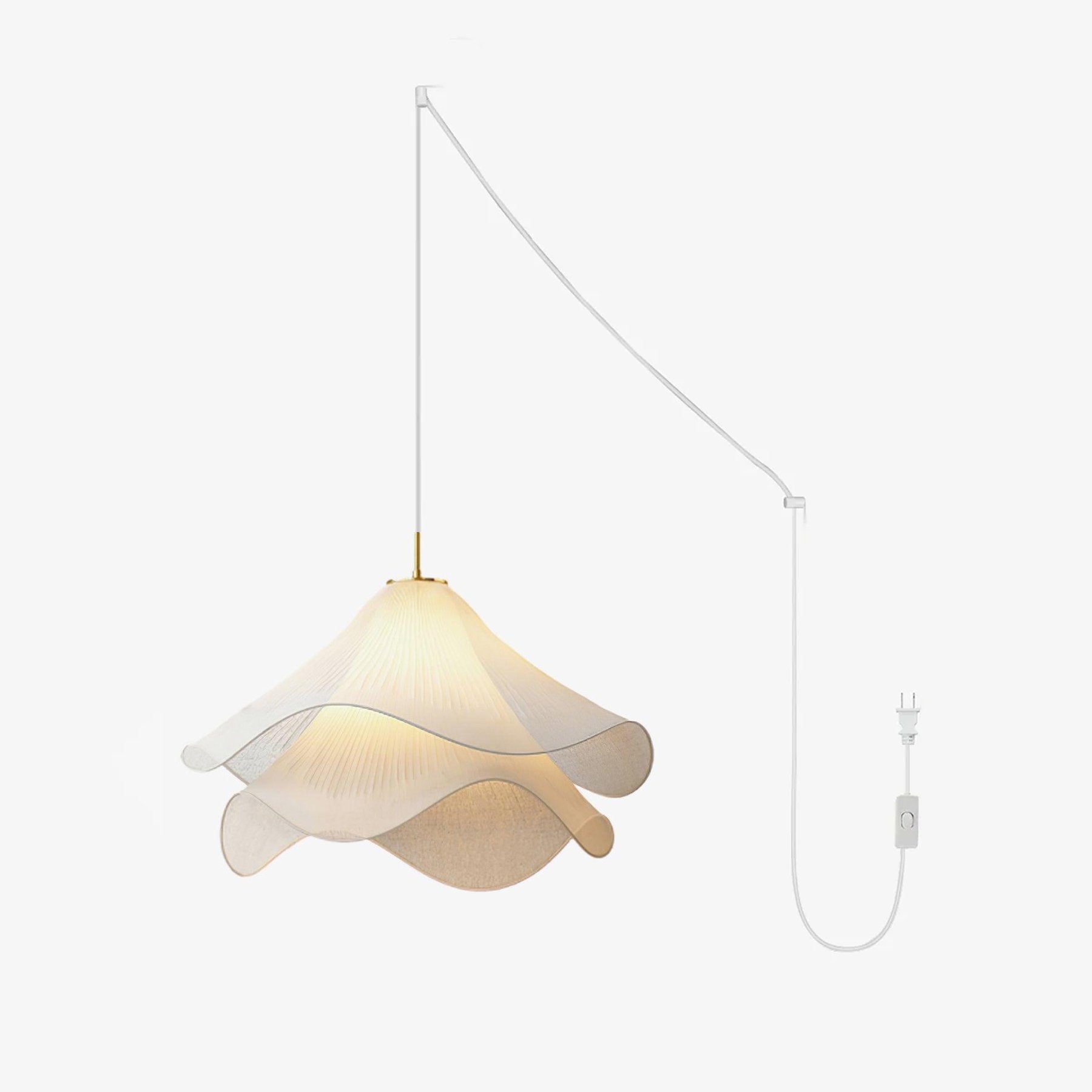 Ethereal Bloom Plug-in Pendant Light | White Fabric Shade, Gold Hardware & Ideal for Dining Rooms and Living Spaces