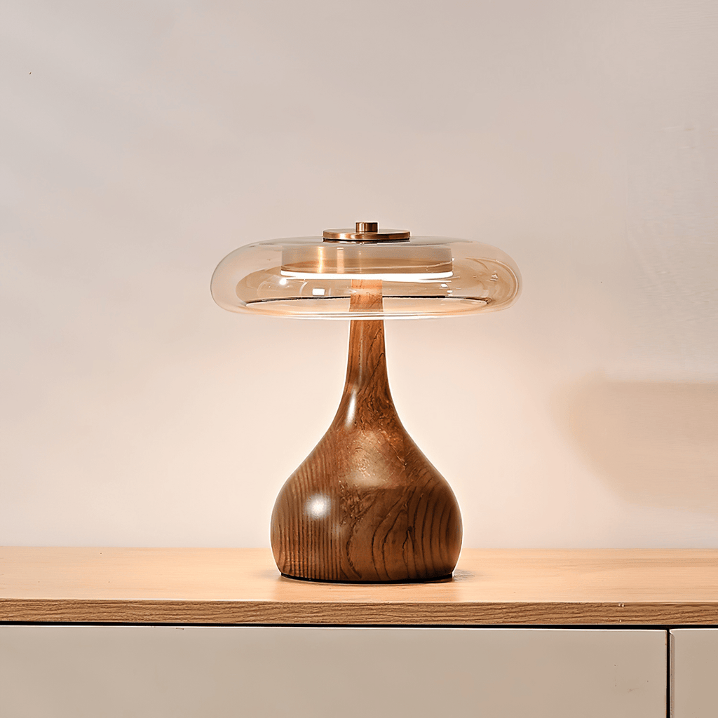 Wooden Table Lamp | Amber Glass Shade, Integrated LED & Warm Light for Indoor Use