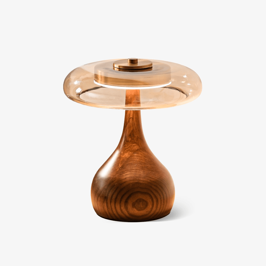 Wooden Table Lamp | Amber Glass Shade, Integrated LED & Warm Light for Indoor Use