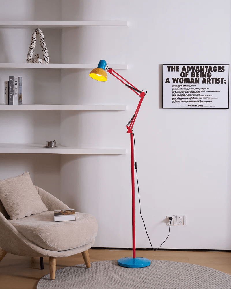LED Floor Lamp | Adjustable Multi-Jointed Arm, Bright Blue Base & Yellow Shade for Home Office or Reading