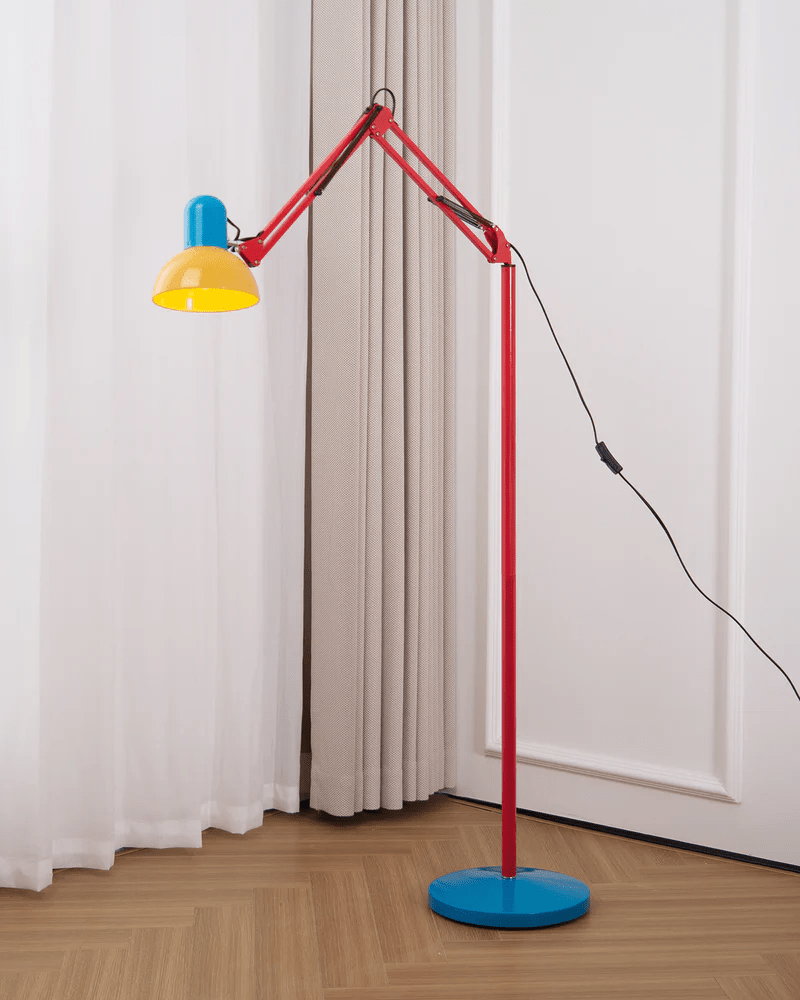 LED Floor Lamp | Adjustable Multi-Jointed Arm, Bright Blue Base & Yellow Shade for Home Office or Reading