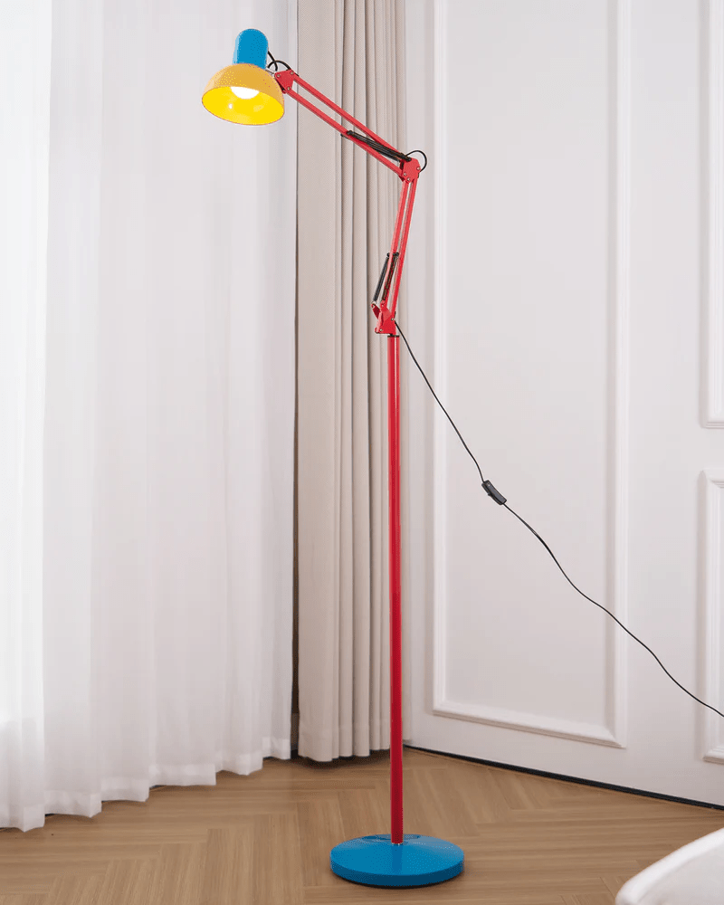 LED Floor Lamp | Adjustable Multi-Jointed Arm, Bright Blue Base & Yellow Shade for Home Office or Reading