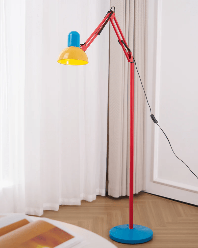 LED Floor Lamp | Adjustable Multi-Jointed Arm, Bright Blue Base & Yellow Shade for Home Office or Reading