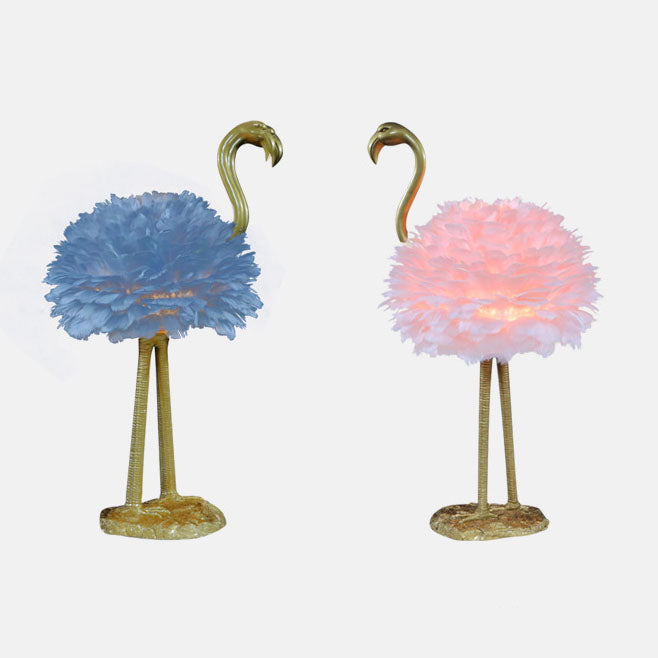 LED Table Lamp with Goose Feather Shade and Metal Flamingo Base for Bedside Lighting in Contemporary Nordic Style