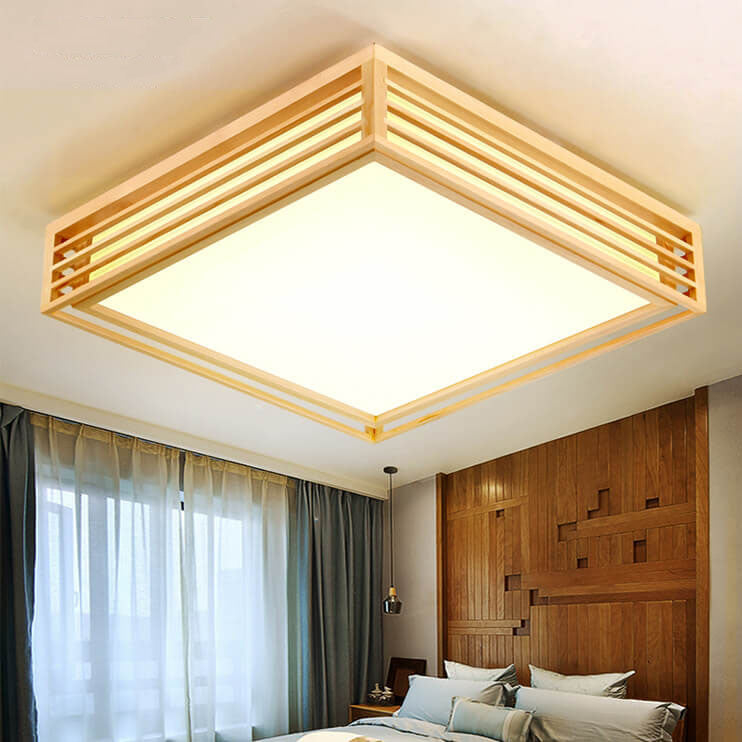 LED Flush Mount Ceiling Light - Nordic Solid Wood Square Fixture for Japanese Tatami Rooms & Low Ceilings