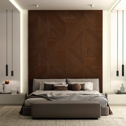 Contemporary Walnut Wood Paneling - Geometric Design for Bedrooms, Adhesive Fluted and Square Patterns