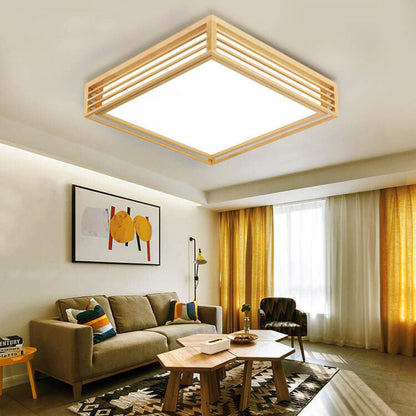 LED Flush Mount Ceiling Light - Nordic Solid Wood Square Fixture for Japanese Tatami Rooms & Low Ceilings