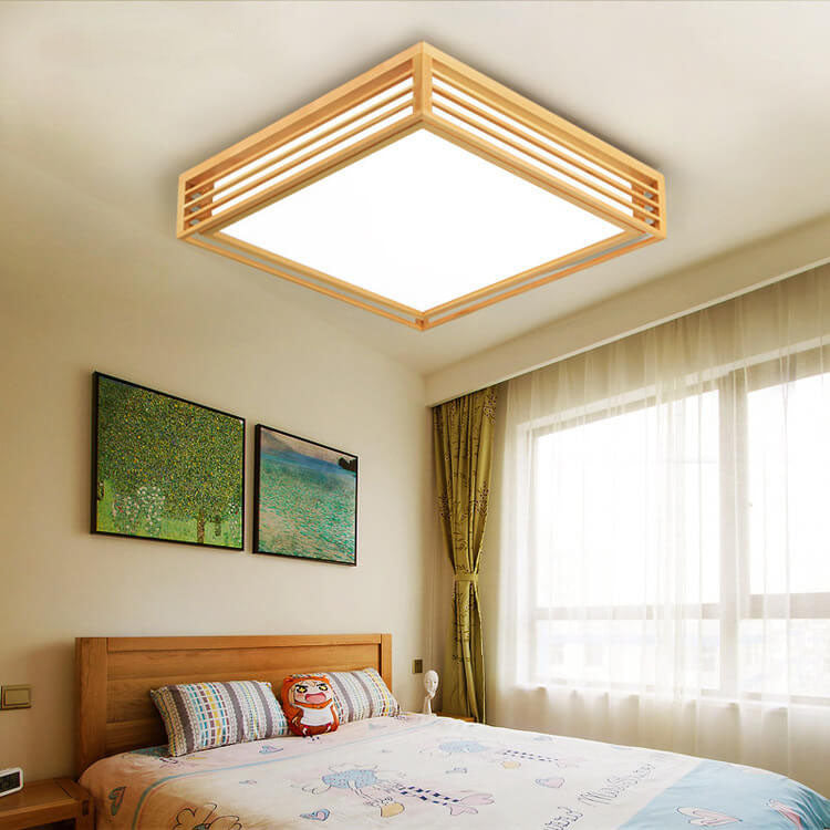 LED Flush Mount Ceiling Light - Nordic Solid Wood Square Fixture for Japanese Tatami Rooms & Low Ceilings