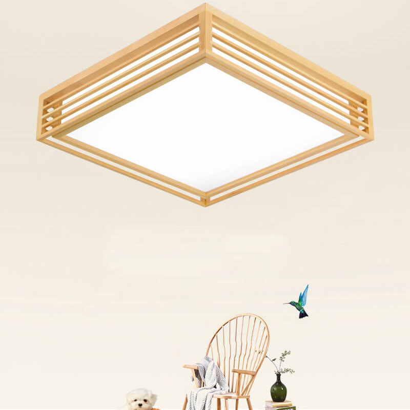 LED Flush Mount Ceiling Light - Nordic Solid Wood Square Fixture for Japanese Tatami Rooms & Low Ceilings