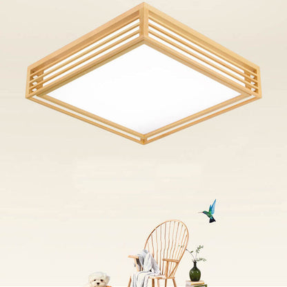 LED Flush Mount Ceiling Light - Nordic Solid Wood Square Fixture for Japanese Tatami Rooms & Low Ceilings