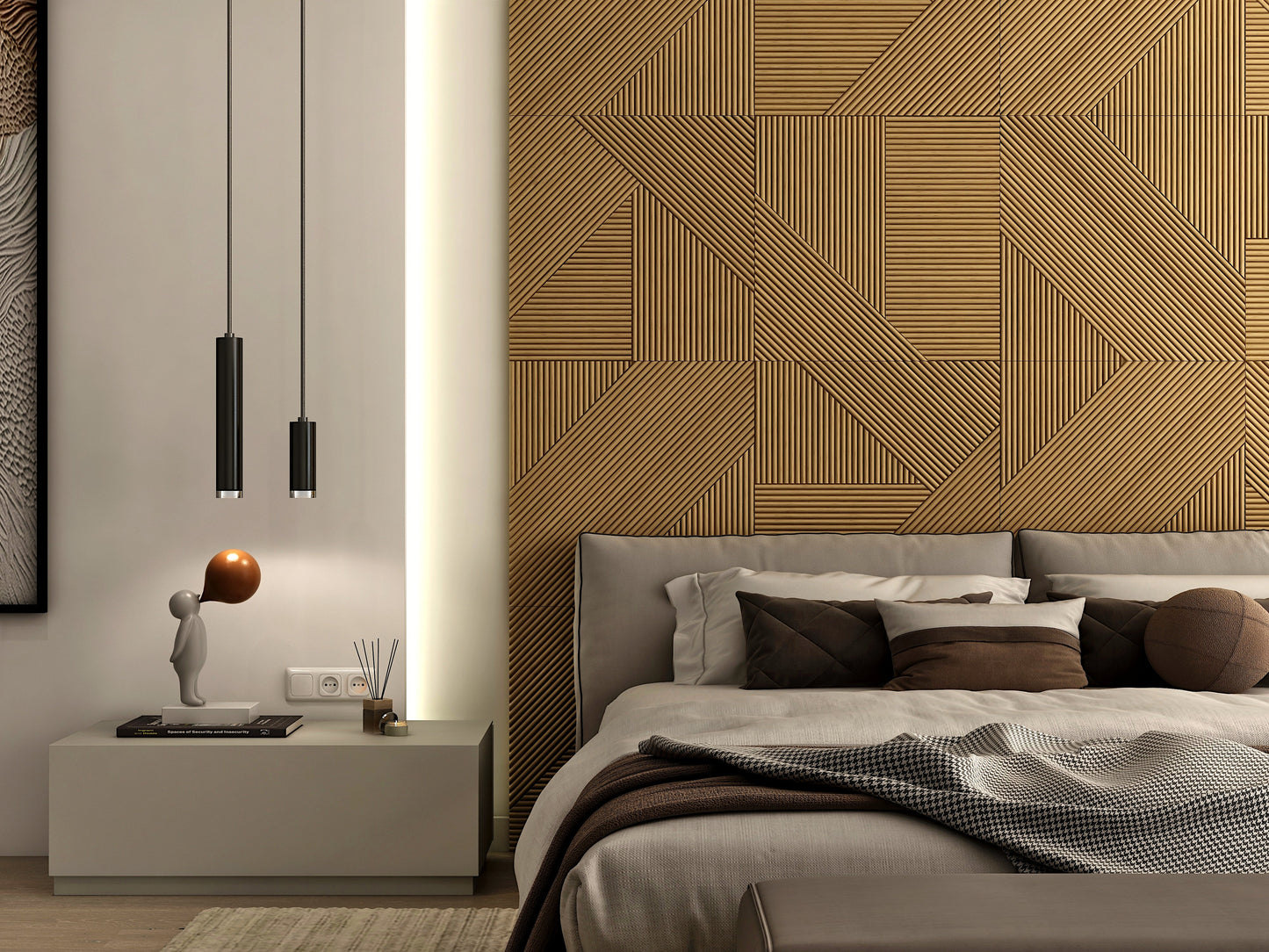 Contemporary Walnut Wood Paneling - Geometric Design for Bedrooms, Adhesive Fluted and Square Patterns