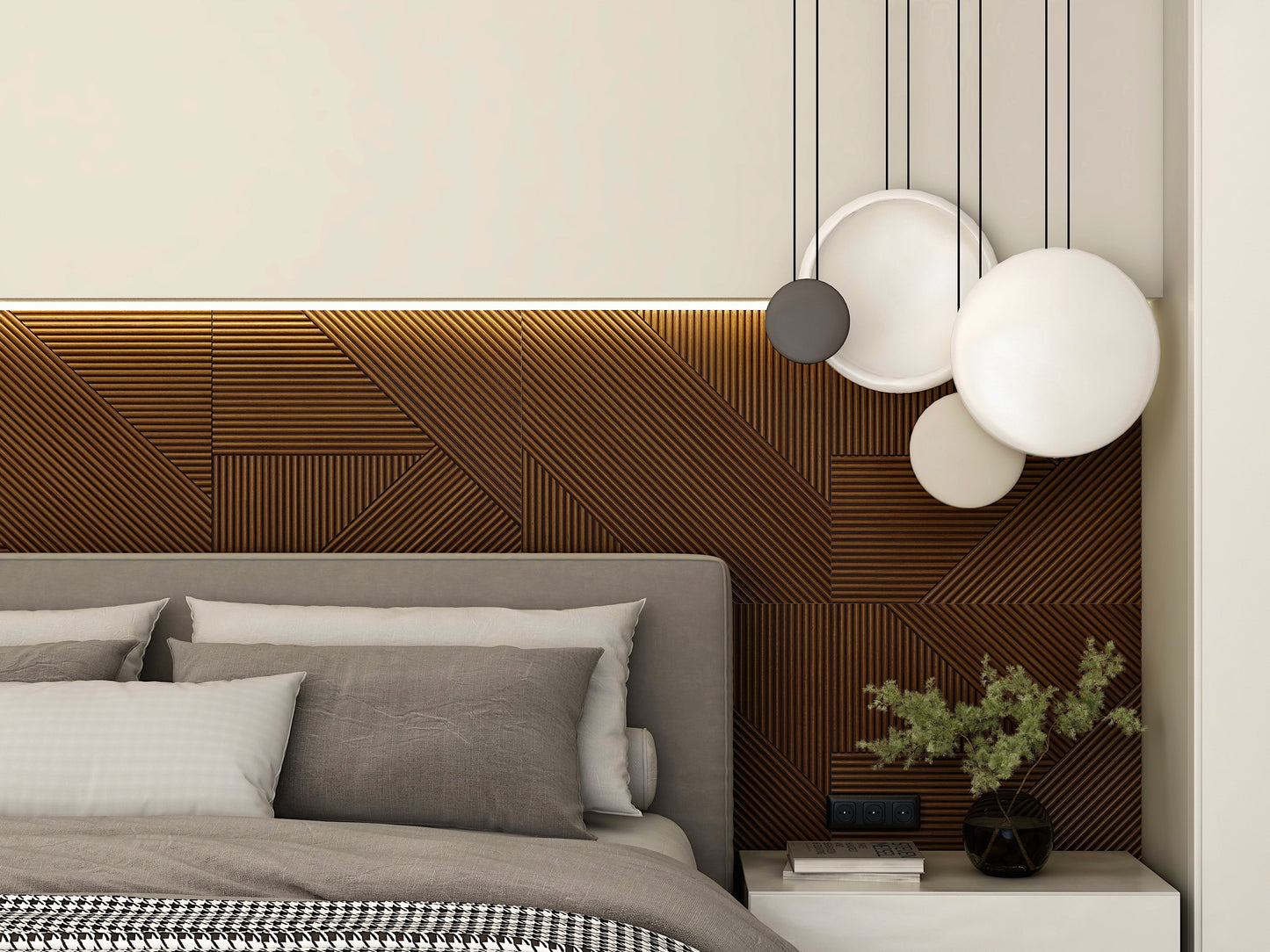 Contemporary Walnut Wood Paneling - Geometric Design for Bedrooms, Adhesive Fluted and Square Patterns