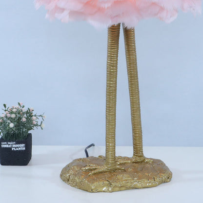 LED Table Lamp with Goose Feather Shade and Metal Flamingo Base for Bedside Lighting in Contemporary Nordic Style