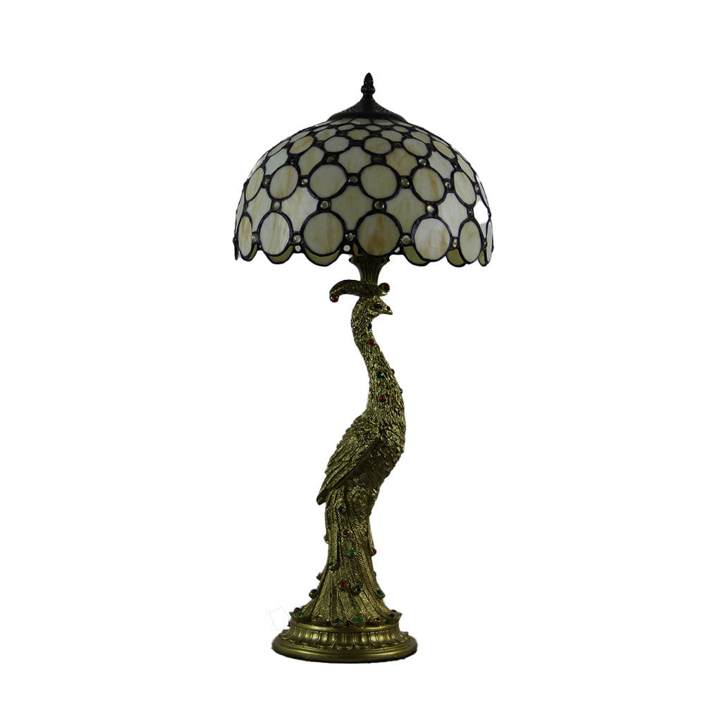 Tiffany Style Peacock Dome Glass Table Lamp with Resin Base – 1-Light Fixture for Living Room & Bedroom Decor