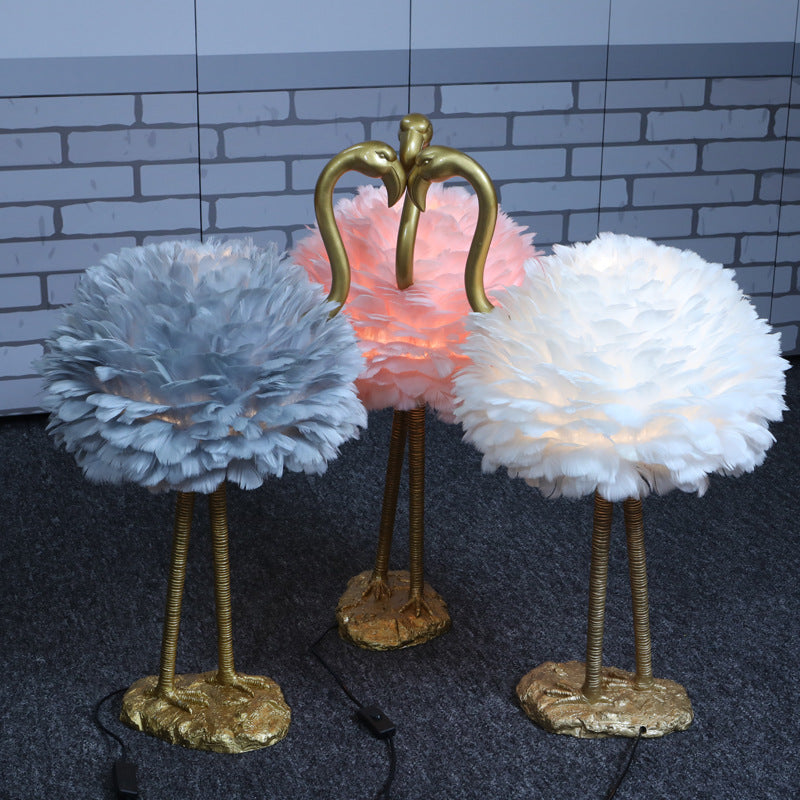 LED Table Lamp with Goose Feather Shade and Metal Flamingo Base for Bedside Lighting in Contemporary Nordic Style