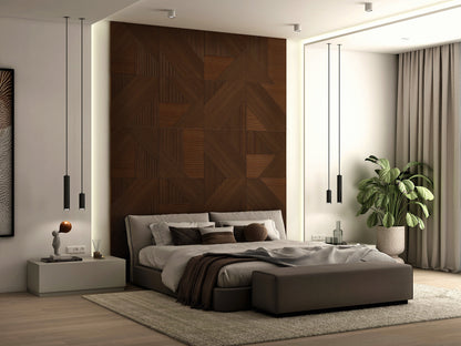 Contemporary Walnut Wood Paneling - Geometric Design for Bedrooms, Adhesive Fluted and Square Patterns