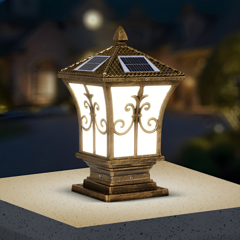 Solar Powered Waterproof Vintage Pattern Fence Post Lights for Outdoor Garden & Patio Lighting