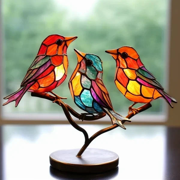 Glass Rainbow Birds Collection: Beautiful Stained Glass Birds on Branch Ornaments for Artistic Displays