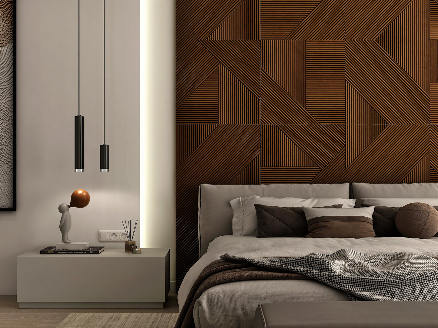 Contemporary Walnut Wood Paneling - Geometric Design for Bedrooms, Adhesive Fluted and Square Patterns