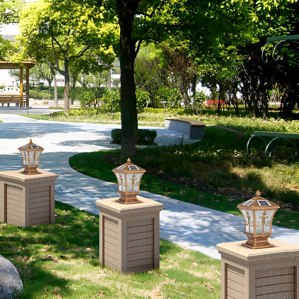 Solar Powered Waterproof Vintage Pattern Fence Post Lights for Outdoor Garden & Patio Lighting