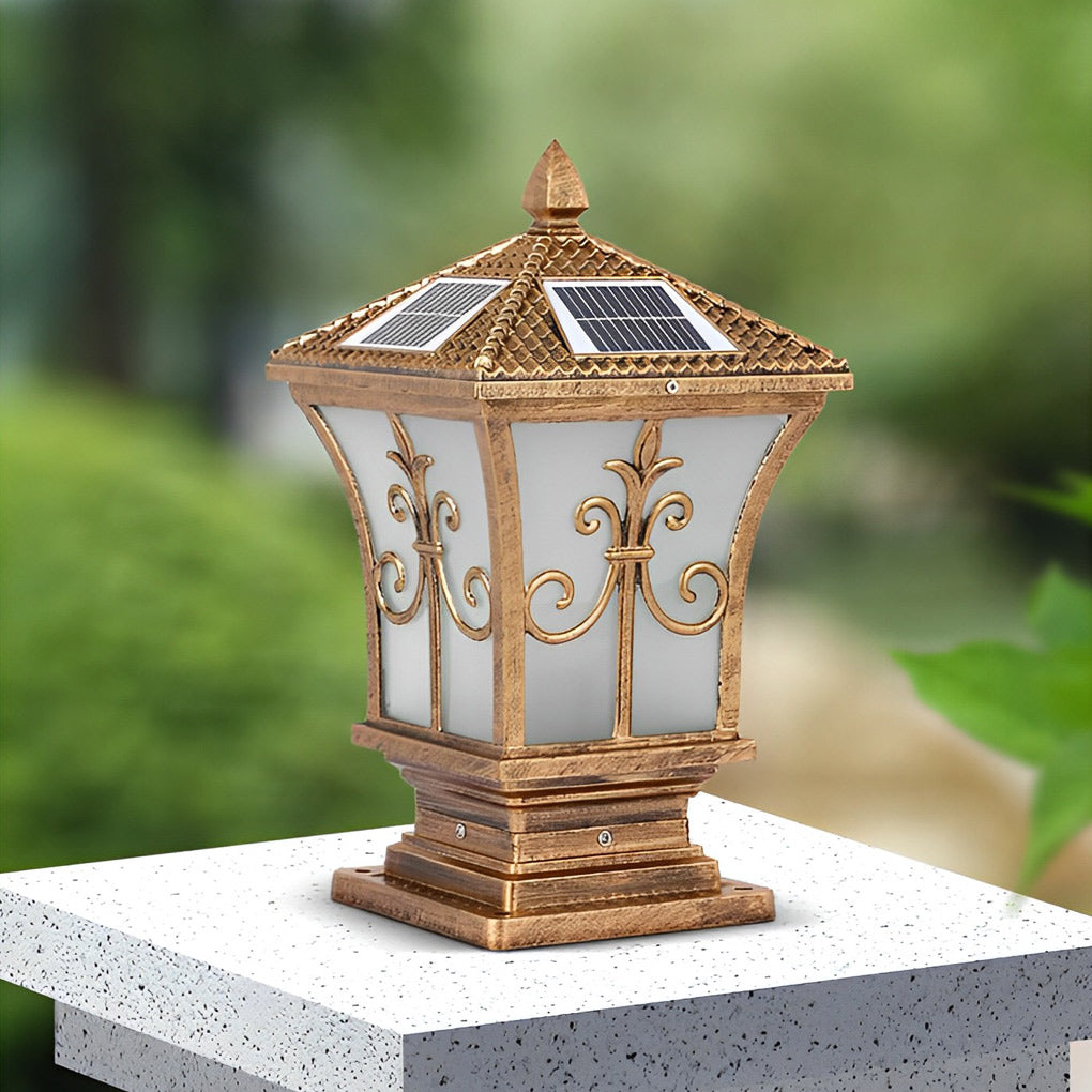 Solar Powered Waterproof Vintage Pattern Fence Post Lights for Outdoor Garden & Patio Lighting