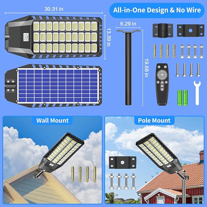 3000W Solar Street Light with 180000 Lumens, Dusk to Dawn Motion Sensor Outdoor Lighting for Pathways & Security