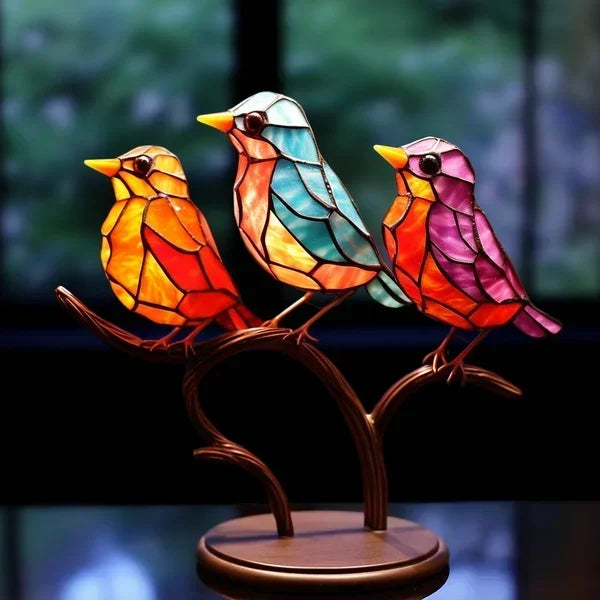 Glass Rainbow Birds Collection: Beautiful Stained Glass Birds on Branch Ornaments for Artistic Displays