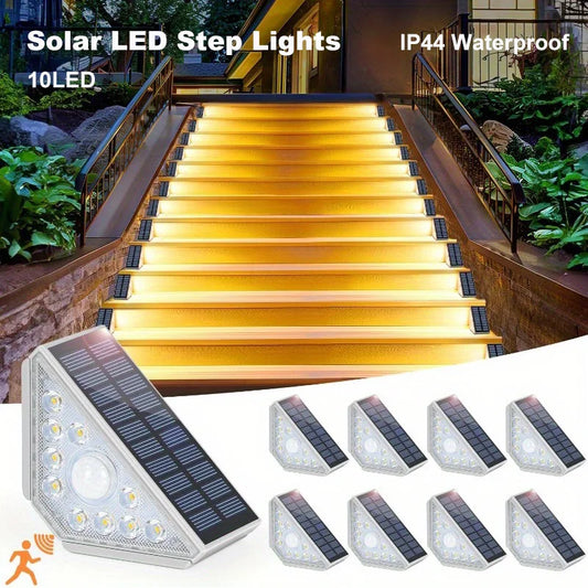 LED Motion Sensor Outdoor Solar Step Lights - 550LM Super Bright 10-LED Warm White Waterproof Lighting for Porch, Patio & Deck