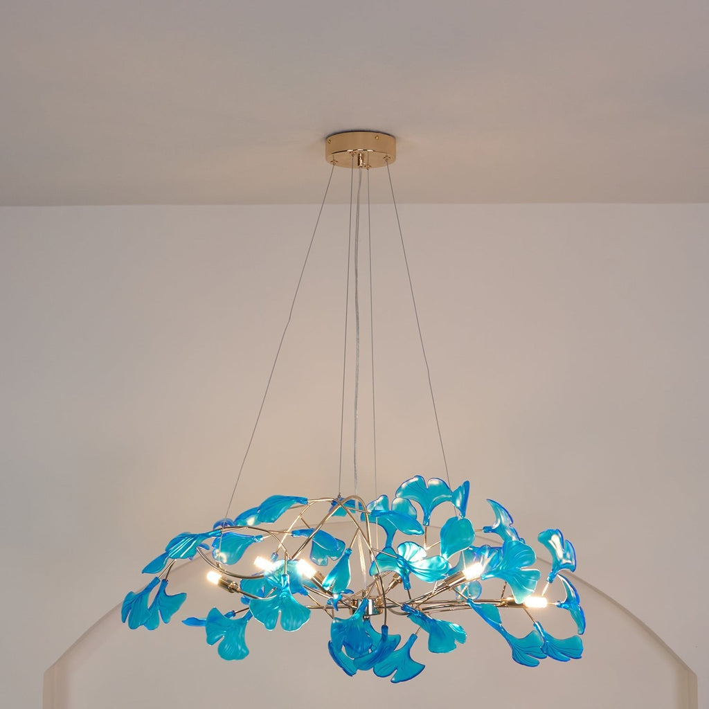 Acrylic Ginkgo Leaf Chandelier | Teal, Modern Design & Nature-Inspired Lighting for Dining Room and Living Area