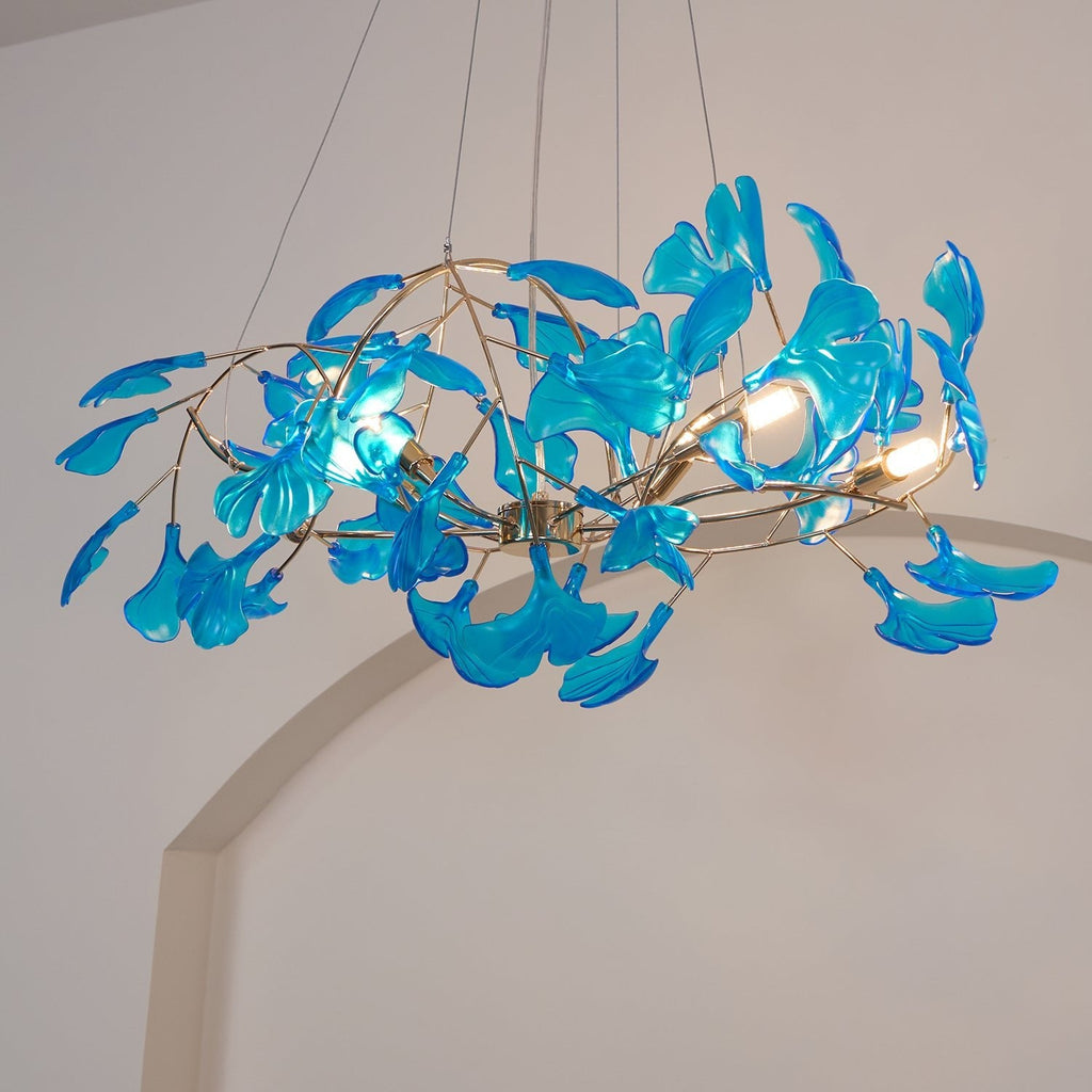 Acrylic Ginkgo Leaf Chandelier | Teal, Modern Design & Nature-Inspired Lighting for Dining Room and Living Area