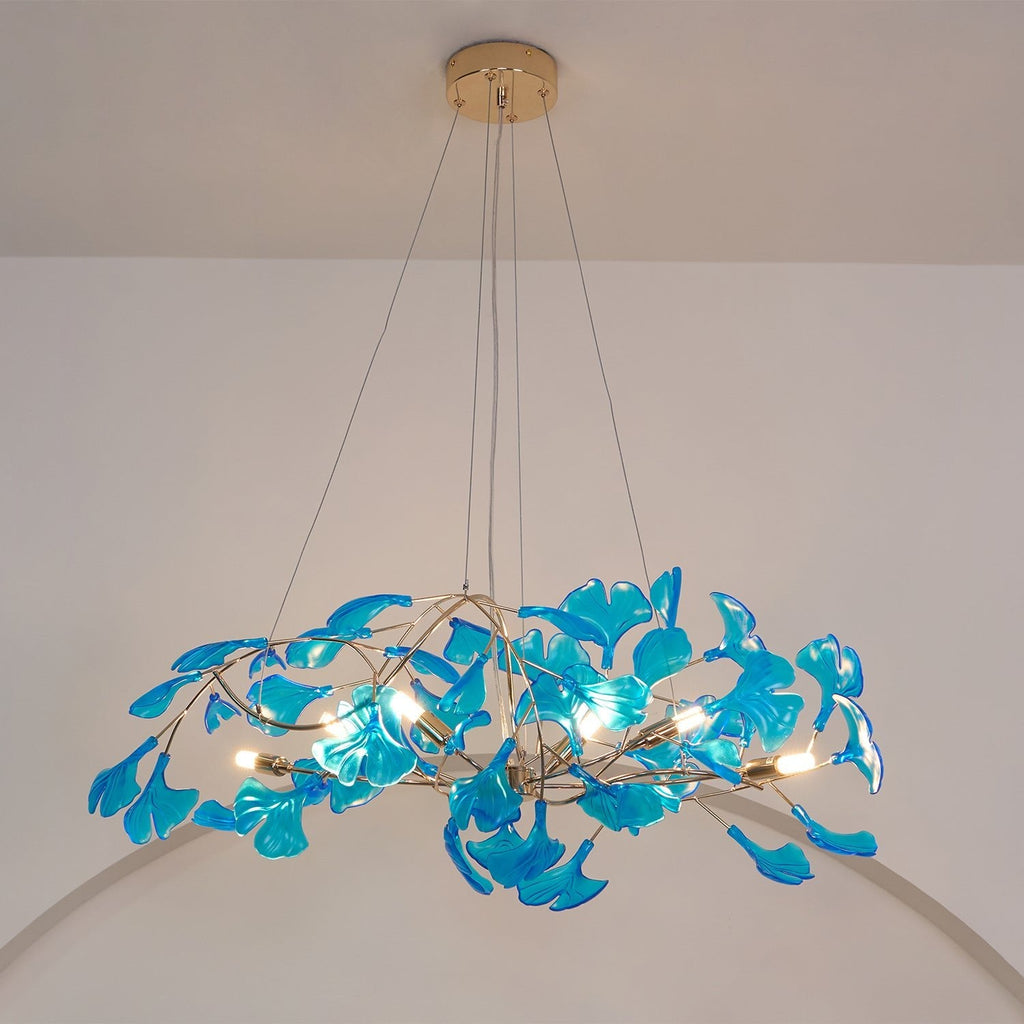 Acrylic Ginkgo Leaf Chandelier | Teal, Modern Design & Nature-Inspired Lighting for Dining Room and Living Area