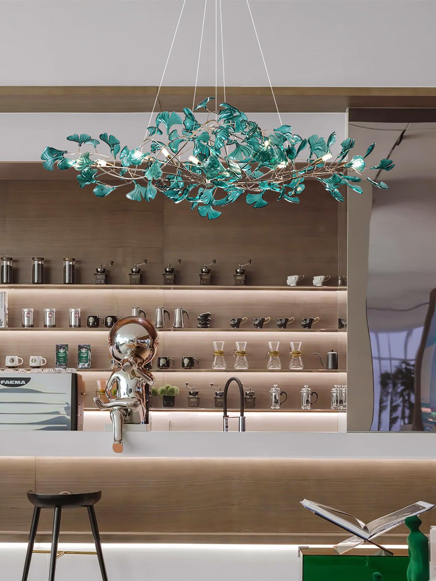 Acrylic Ginkgo Leaf Chandelier | Teal, Modern Design & Nature-Inspired Lighting for Dining Room and Living Area