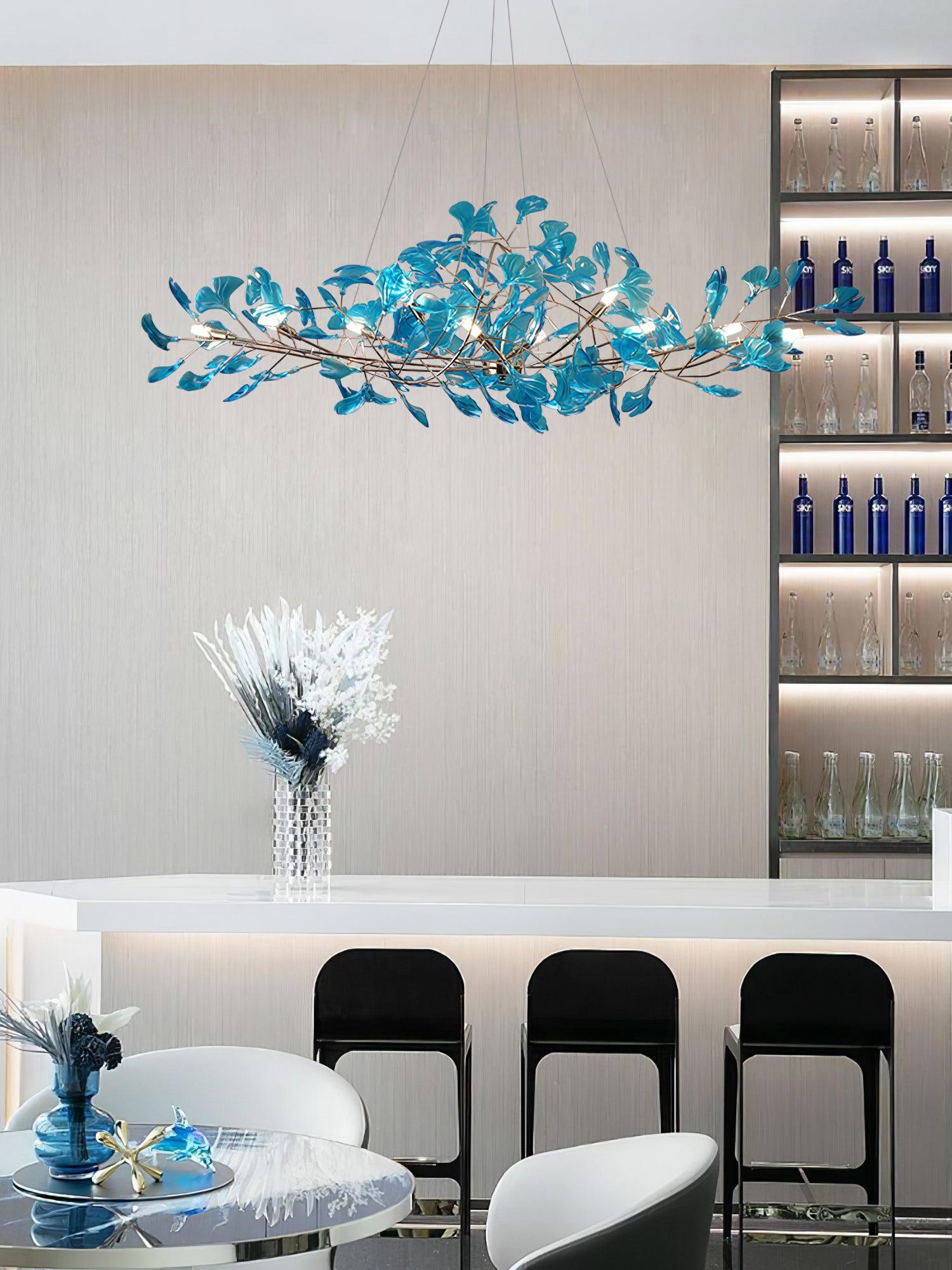 Acrylic Ginkgo Leaf Chandelier | Teal, Modern Design & Nature-Inspired Lighting for Dining Room and Living Area