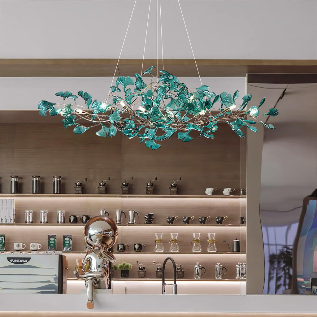 Acrylic Ginkgo Leaf Chandelier | Teal, Modern Design & Nature-Inspired Lighting for Dining Room and Living Area