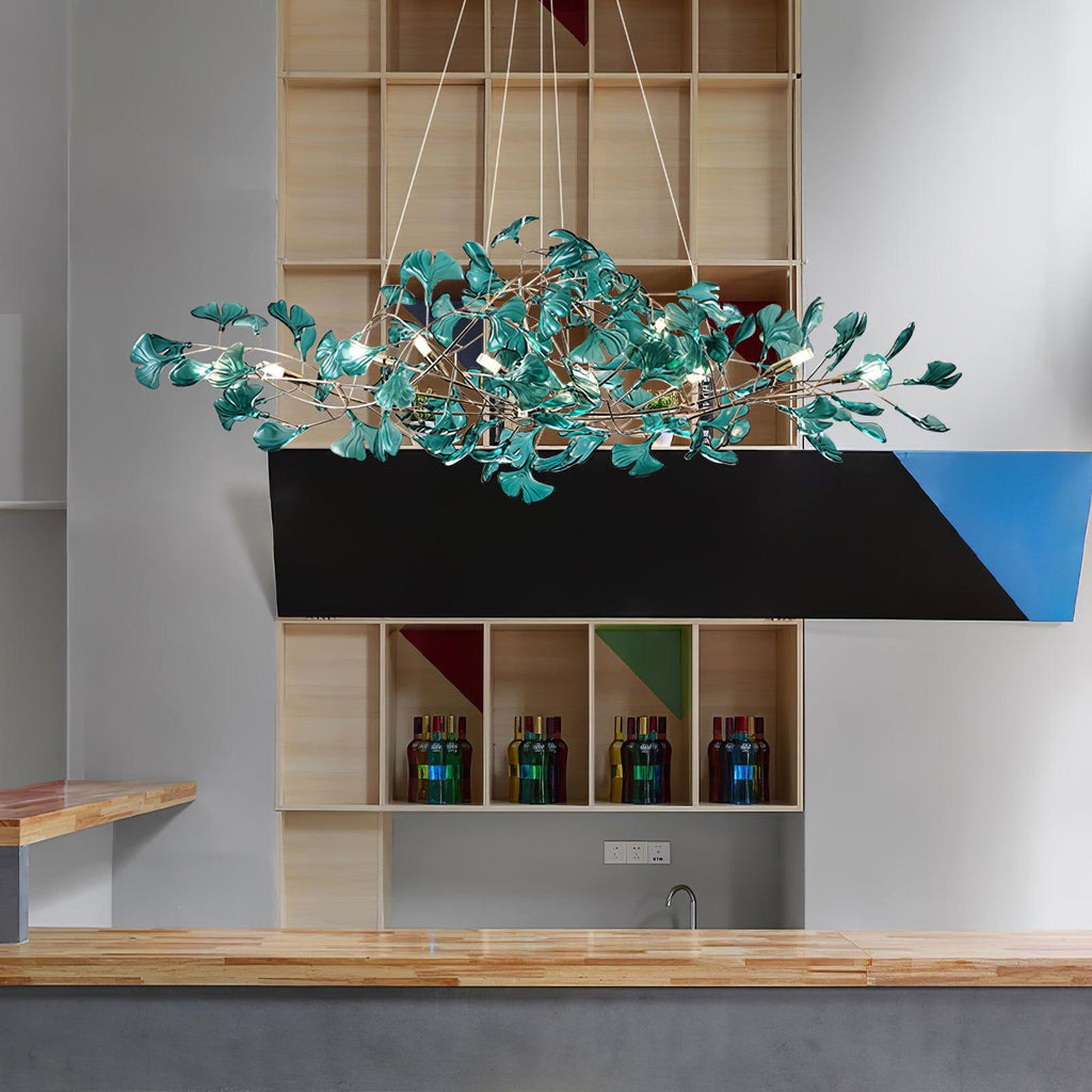 Acrylic Ginkgo Leaf Chandelier | Teal, Modern Design & Nature-Inspired Lighting for Dining Room and Living Area