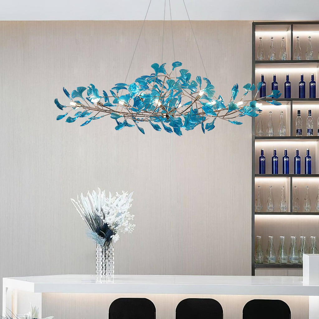 Acrylic Ginkgo Leaf Chandelier | Teal, Modern Design & Nature-Inspired Lighting for Dining Room and Living Area