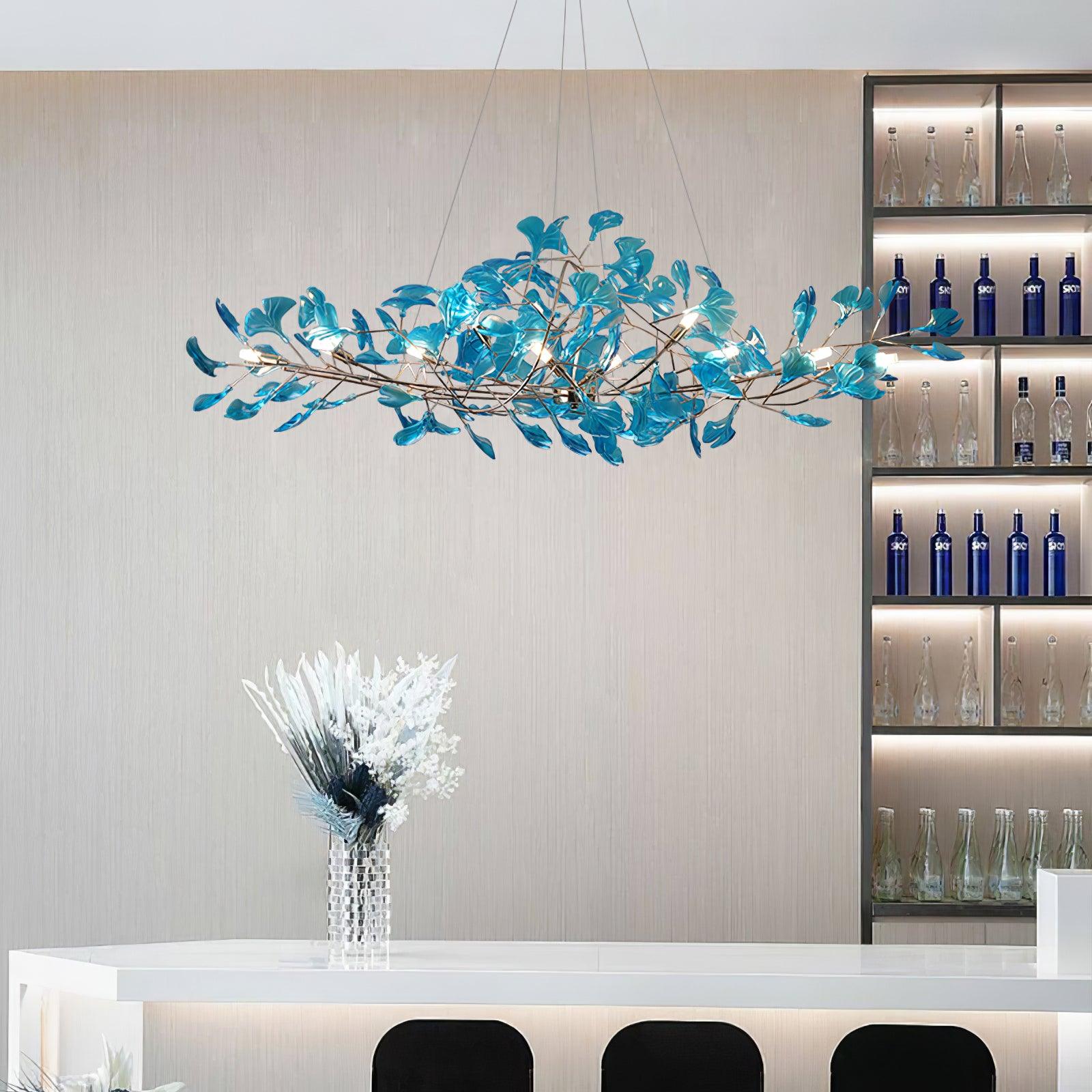 Acrylic Ginkgo Leaf Chandelier | Teal, Modern Design & Nature-Inspired Lighting for Dining Room and Living Area